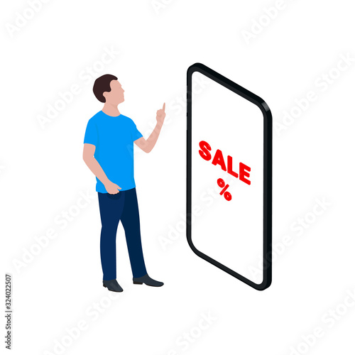 Young man standing in front of smartphone. Sale online shopping. Isometric illustration.