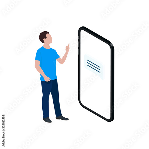 Young man standing in front of smartphone reading message. Chat online using application. Isometric illustration.