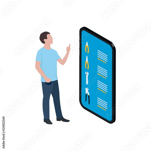 Man standing in front of smartphone and choosing tools. Online shopping. Isometric illustration.