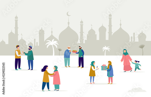 Ramadan Kareem, Eid mubarak, greeting card and banner with many people, giving gifts, food. Islamic holiday background. Vector illustration