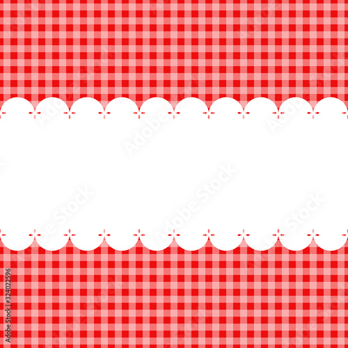 blank template, layout: white lace stripe on red checkered background, vector flat illustration.