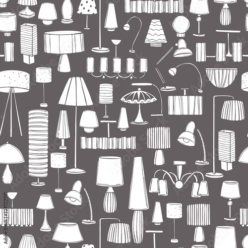 Lighting in the house. Chandeliers, floor lamps and lamps. Vector  seamless pattern
