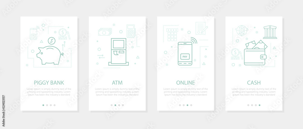 Vector four vertical banners - banking and financial - piggy bank, atm