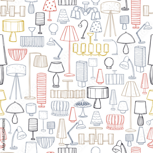 Lighting in the house. Chandeliers, floor lamps and lamps. Vector seamless pattern