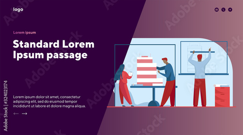 Architects working on building model. People developing blueprint and maquette flat vector illustration. Architecture, drafting, construction concept for banner, website design or landing web page
