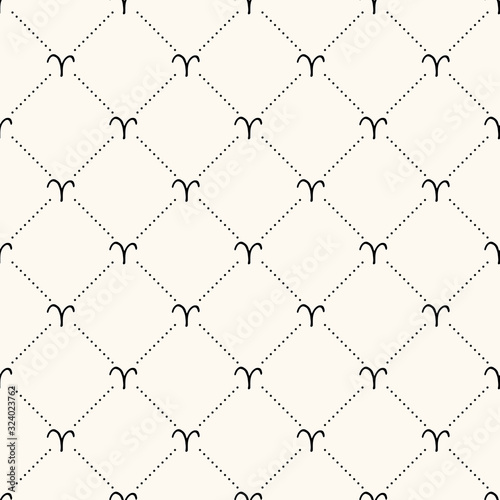 Aries zodiac sign and polka dot seamless vector pattern. Astrology background with horoscope sign. Mystic monocrome texture for fortunetelling concept