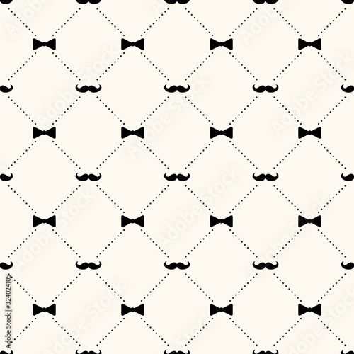 Father's day vector seamless pattern, geometrical background with mustaches, bow ties and dotted lines, simple elegance monochrome illustration. Good for prints, web and texture