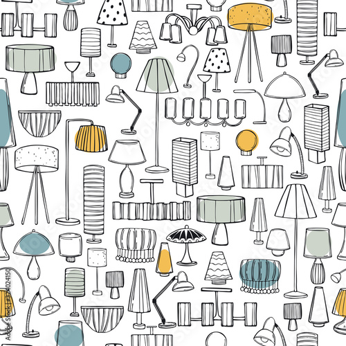 Lighting in the house. Chandeliers, floor lamps and lamps. Vector  seamless pattern