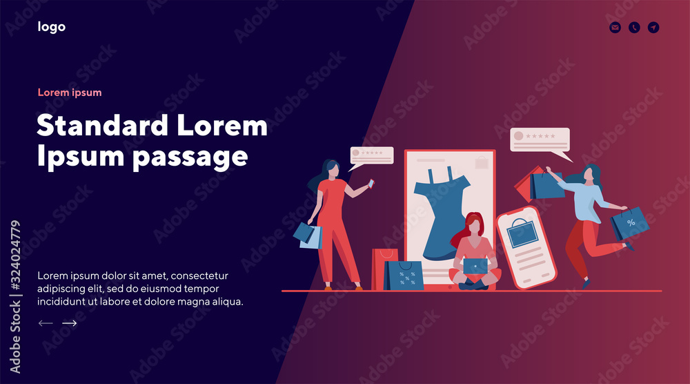 Customers buying goods online. Women with shopping bags and phones leaving feedback flat vector illustration. Satisfaction, rating, consumerism concept for banner, website design or landing web page