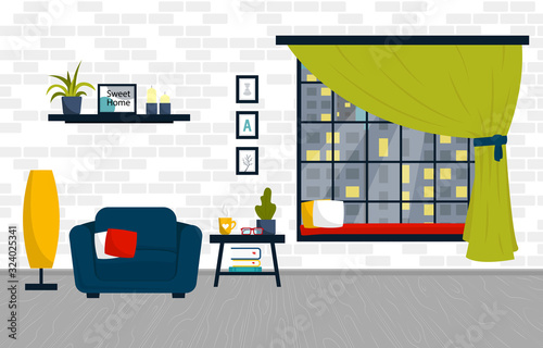 Vector illustration of an interior of a living room with furniture and decor accessories. Huge window with a pillows