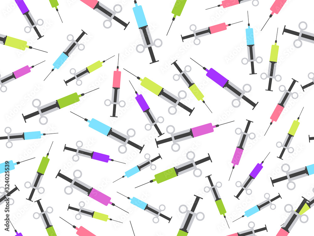 Syringe seamless pattern. Syringe with a vaccine of different colors. Vector illustration