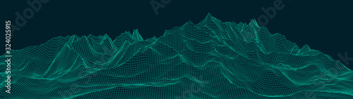 Vector wireframe 3d landscape. Technology grid illustration. Network of connected dots and lines. Futuristic background.