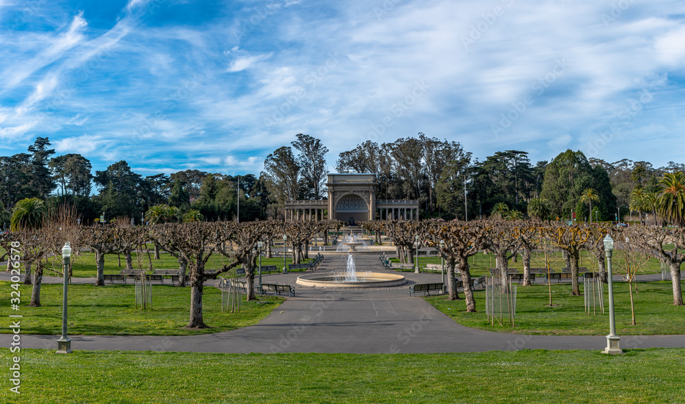 San Francisco, Ca. music concourse in Golden Gate Park and fountains on in the park on a beautiful day