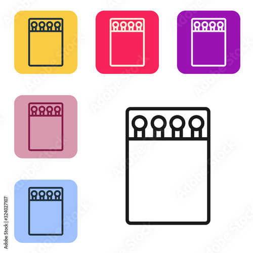 Black line Open matchbox and matches icon isolated on white background. Set icons in color square buttons. Vector Illustration