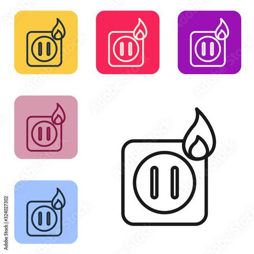 Black line Electric wiring of socket in fire icon isolated on white background. Electrical safety concept. Plug outlet on fire. Set icons in color square buttons. Vector Illustration