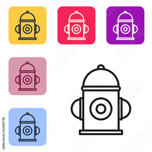 Black line Fire hydrant icon isolated on white background. Set icons in color square buttons. Vector Illustration