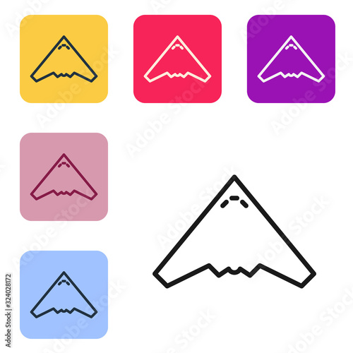 Black line Jet fighter icon isolated on white background. Military aircraft. Set icons in color square buttons. Vector Illustration