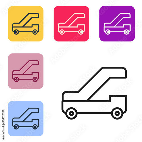 Black line Passenger ladder for plane boarding icon isolated on white background. Airport stair travel. Set icons in color square buttons. Vector Illustration