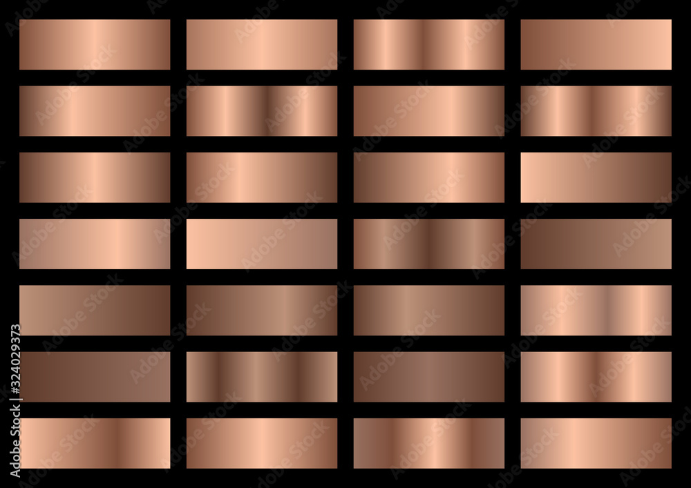 Bronze metal gradient set. Vector metallic texture. Big collection of brown metallic gradients on black background