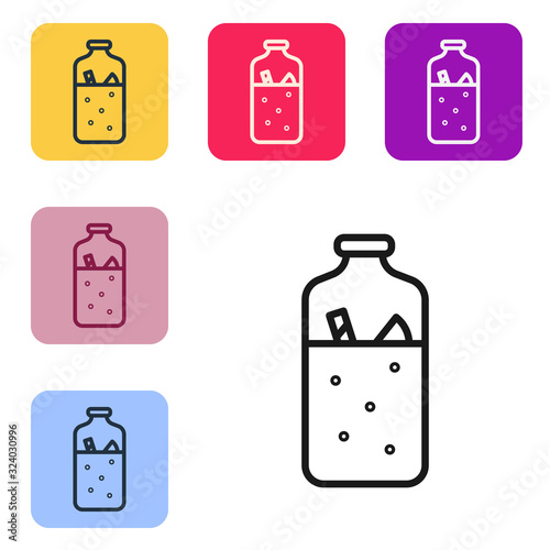 Black line Mulled wine with ingredients icon isolated on white background. Cinnamon stick, clove, lemon slice. Set icons in color square buttons. Vector Illustration