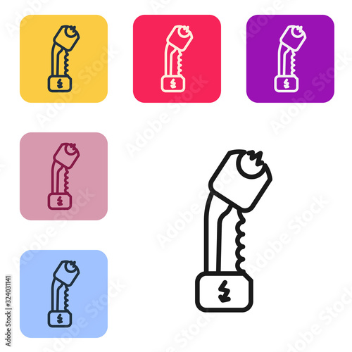 Black line Police electric shocker icon isolated on white background. Shocker for protection. Taser is an electric weapon. Set icons in color square buttons. Vector Illustration