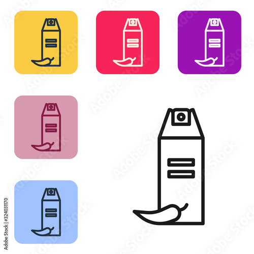 Black line Pepper spray icon isolated on white background. OC gas. Capsicum self defense aerosol. Set icons in color square buttons. Vector Illustration
