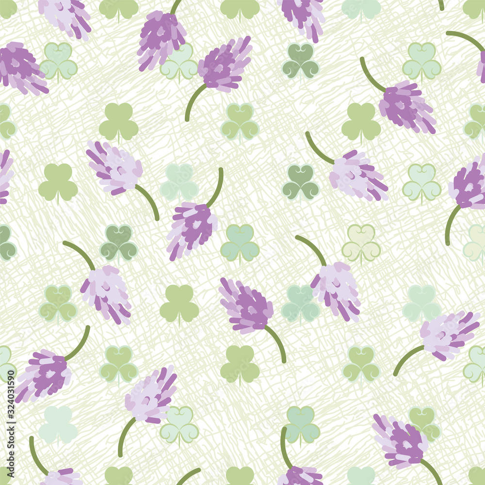 Pink clover flowers on a pastel green background seamless vector pattern. Decorative nature themed surface print design.