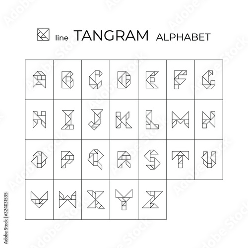 Vector tangram alphabet. 26 linear isolated letters on a white background. Tangram children brain game cutting transformation puzzle vector set.