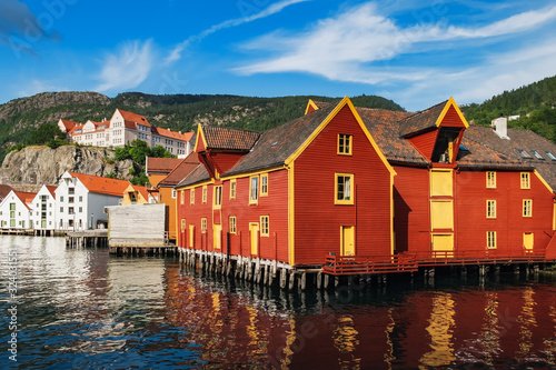 Historical buildings in Bryggen - Hanseatic wharf in Bergen, Norway. Scenic summer panorama with the Old Town pier architecture