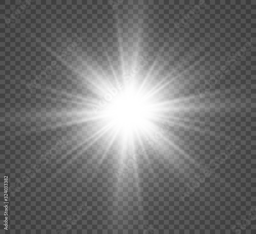 Special lens flash, light effect. The flash flashes rays and searchlight. illust.White glowing light. Beautiful star Light from the rays. The sun is backlit. Bright beautiful star. Sunlight. Glare.