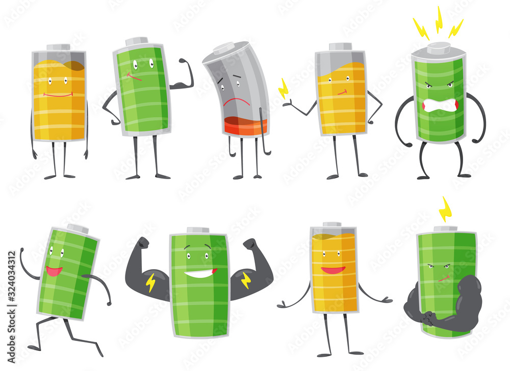 Set of Battery man standing, smile, sad or running. Full charged green  battery. Low yellow and red indication. Element of alternative energy.  Vector cartoon icon Stock Vector | Adobe Stock