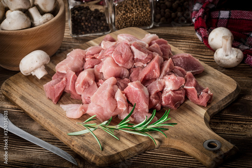 Billede på lærred Raw meat diced for stew.