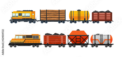Freight train cargo cars with Container and box freight train. Rolling stock transport illustration set. Logistics heavy railway transport design elements. Flat style vector illustration