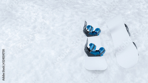 3D image of two mockup snowboards, regular and upside down with carbon bindings laying on white snow