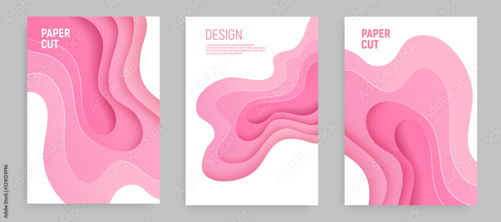 Pink paper cut banner set with 3D slime abstract background and pink waves layers. Abstract layout design for brochure and flyer. Paper art vector illustration