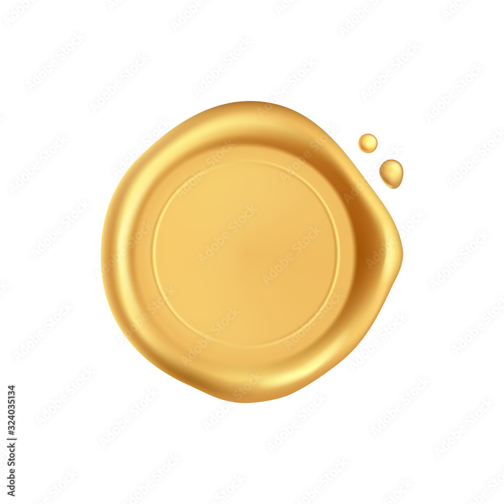 Wax seal. Gold stamp wax seal with drops isolated on white background