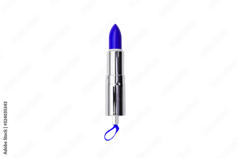 Blue lipstick on a white background. Attributes of female cosmetics. Cosmetic product for makeup. Blue lipstick on a white background. Attributes of female cosmetics. Cosmetic product for makeup.