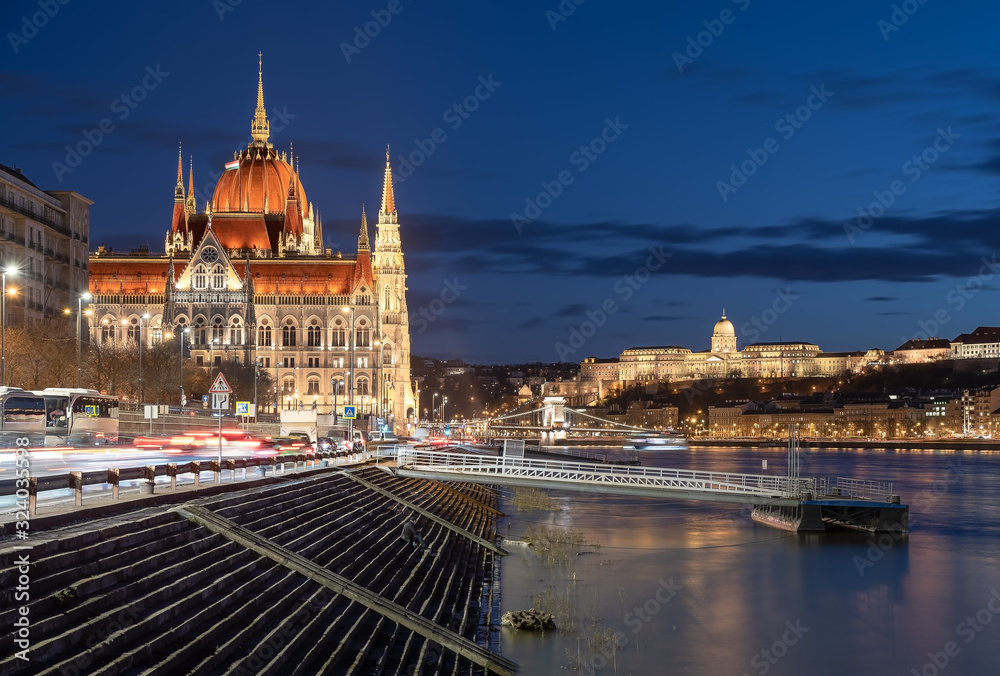 Europe Hungary Budapest. Hungarian Parliament building. Buda castle. Szechenyi chain bridge. Danube river. Pier. Boat harbor.