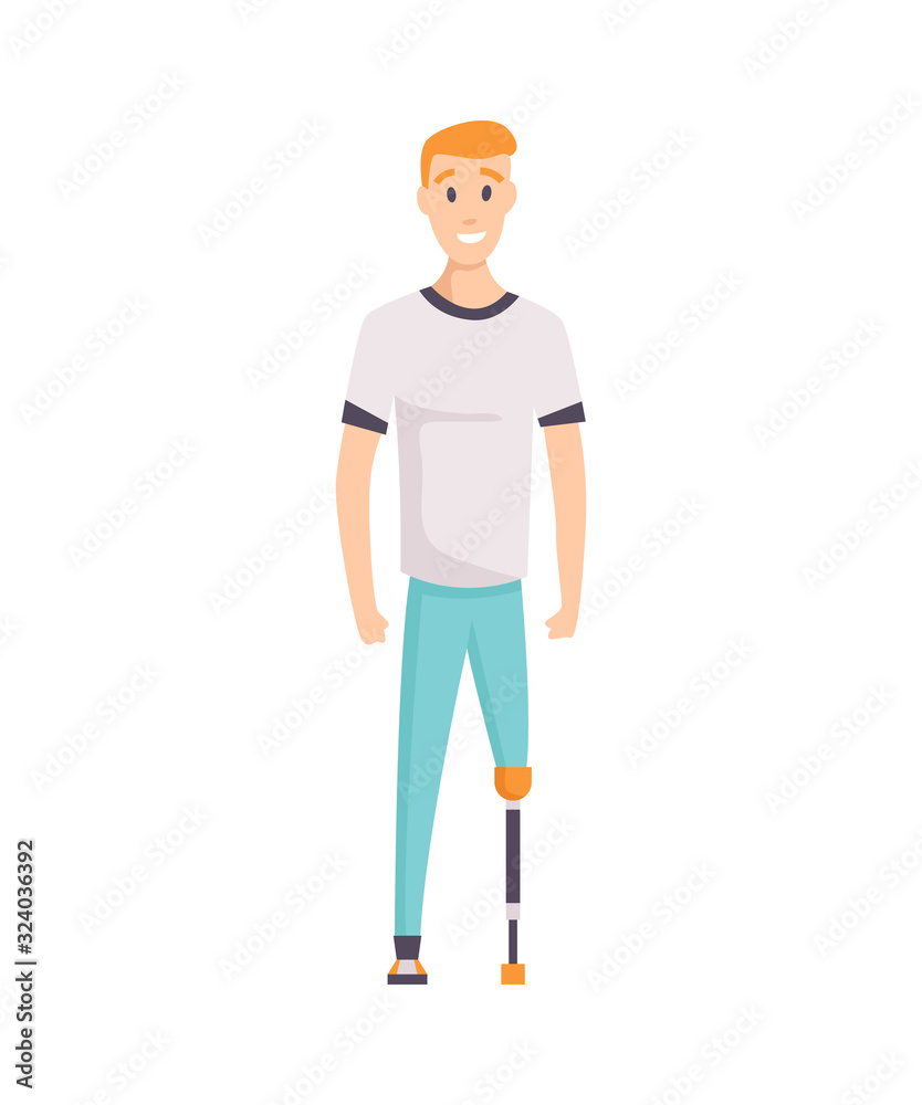 Young handicapped person. Man prosthetic foot, sportsman with amputation, disability person prosthetic. Vector illustration