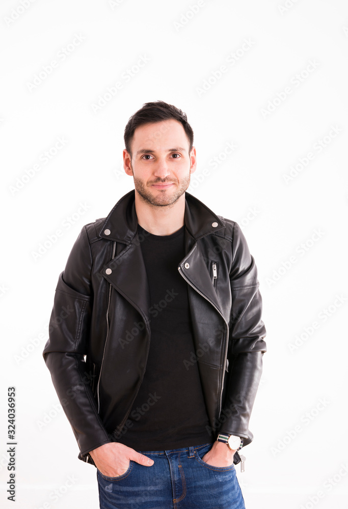 portrait of young man with black jacket, handsome guy, rock style..