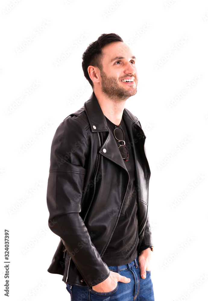 portrait of a happy young man with black jacket, handsome guy, rock style.. portrait of a happy young man with black jacket, handsome guy, rock style..