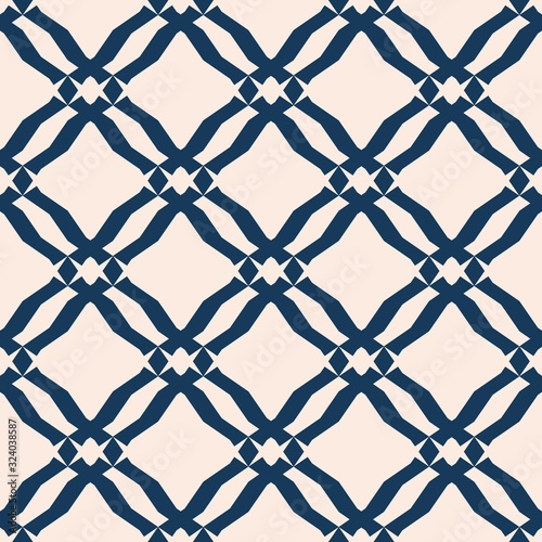 Grid pattern. Vector abstract geometric seamless texture with mesh, net, lattice, diamond shapes, rhombuses, cross lines. Elegant dark blue and beige background. Repeat design for decor, fabric, cloth