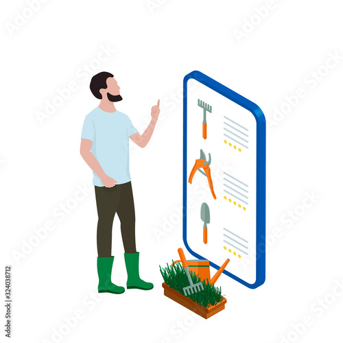 Man standing in front of smartphone and choosing tools for garden. Online shopping. Isometric illustration.