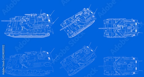 Photo blue print of outlined isolated 3D modern tank with not existing design, high de