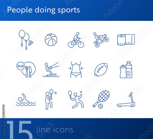 People doing sports line icon set. Tennis, cycling, diet. Healthy lifestyle concept. Can be used for topics like physical activity, training, leisure