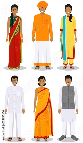 Set of different standing indian young adult women and men in the traditional clothing isolated on white background in flat style. Differences people in the national east dress. Vector illustration.