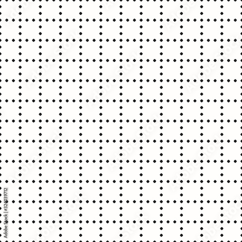Vector minimal geometric seamless pattern. Simple abstract monochrome texture with tiny circles, small dots in square grid. Delicate black and white background. Subtle repeat design for decor, print