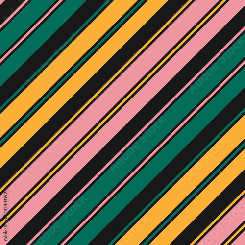 Stripes seamless pattern. Simple vector texture with thin and thick diagonal lines. Modern abstract geometric striped background. Black, green, pink and yellow color. Repeat design for decor, textile