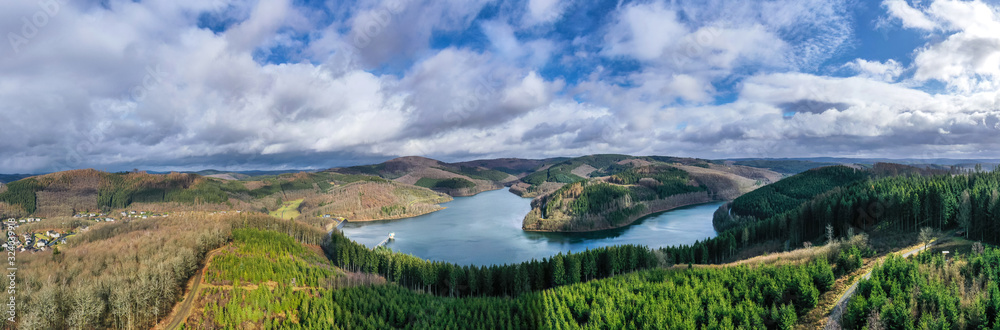 rothaargebirge with obernau lake germany from above panorama