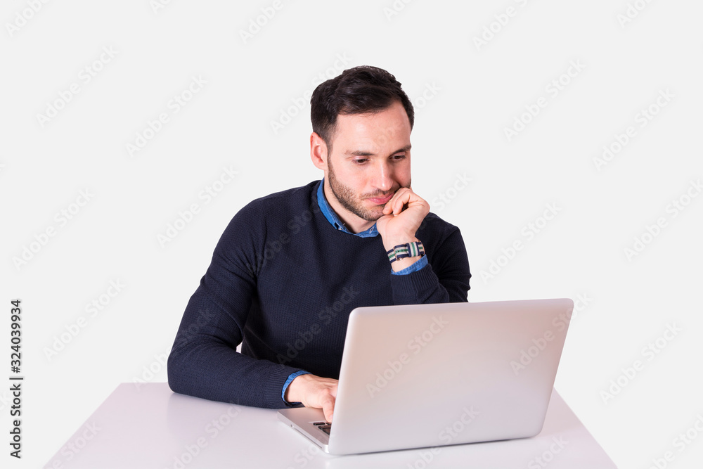 Young businessman with laptop. Bored expression Young businessman with laptop. Bored expression